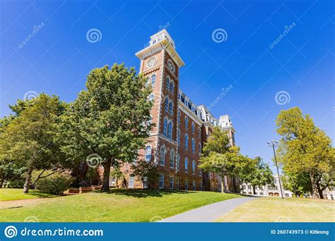 Sunny Exterior View Of The Old Main Of University Of Arkansas Stock