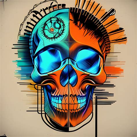 4k Acrylic Abstract Neon Skull Mechanism Art On Canvas With Brus