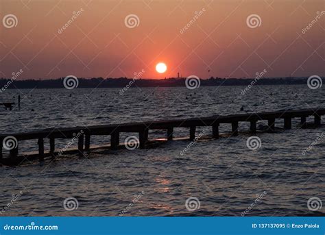 Sunset On The Lake Pier Quiet Tranquil Lake At Nature Concept Stock