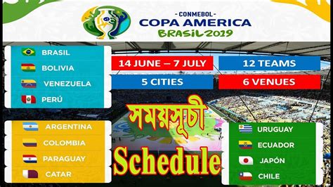 Two guest teams qatar and the aussie's socceroos will share these groups. Copa America 2019 Schedule কোপা আমেরিকা ২০১৯ সময়সূচী বাংলাদেশ ও ব্রাজিল সময়ানুযায়ী - YouTube