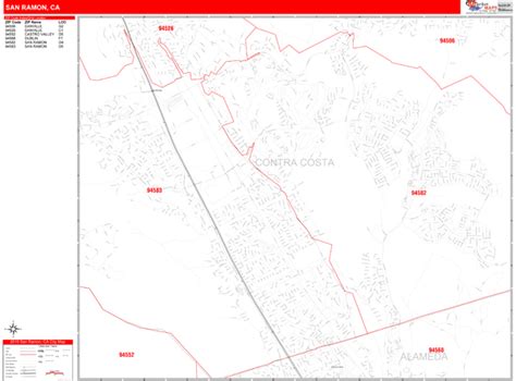 San Ramon California Zip Code Wall Map Red Line Style By Marketmaps