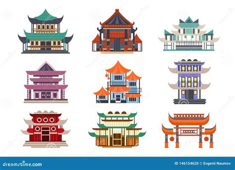 Traditional Pagoda Buildings Set Asian Architecture Objects Vector
