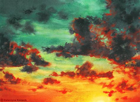 Watercolor Painting Of The Colorful Sunset Sunset Clouds Etsy