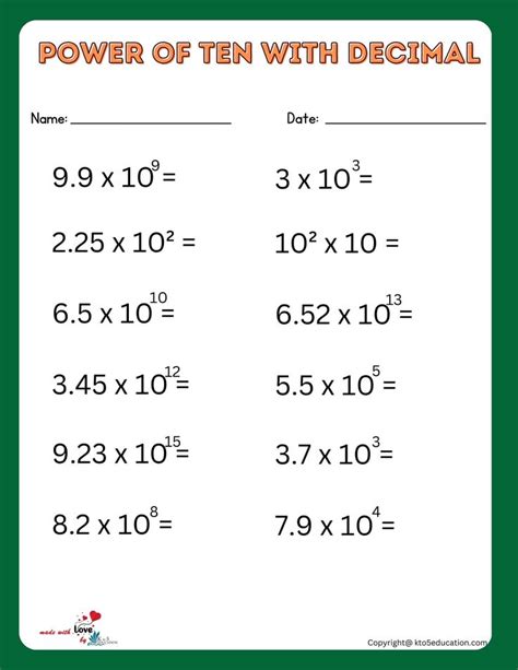 A Printable Worksheet For The Power Of Ten With Fractions And Numbers
