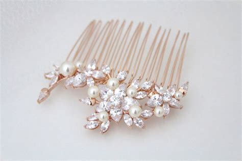 Rose Gold Hair Comb Bridal Hair Comb Crystal Flower Headpiece Pearl