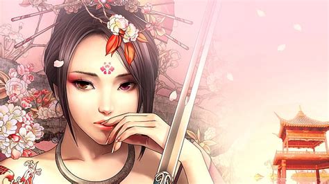 ファンタジーアジアの女の子、 刀の剣、 花、 ファンタジー、 アジア、 女の子、 刀、 剣、 花、 hdデスクトップの壁紙 wallpaperbetter
