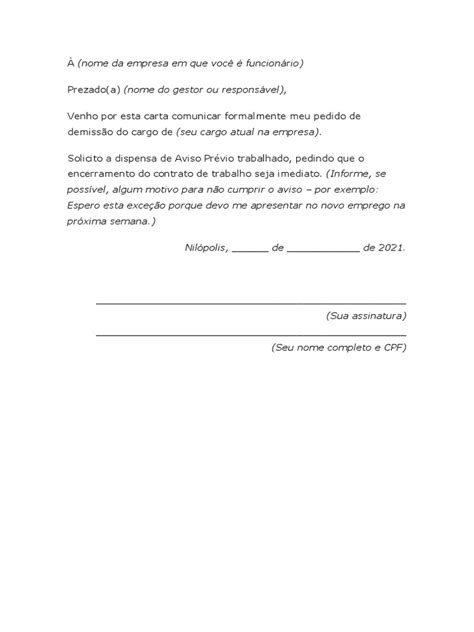 modelo de carta pedido de demissão pdf