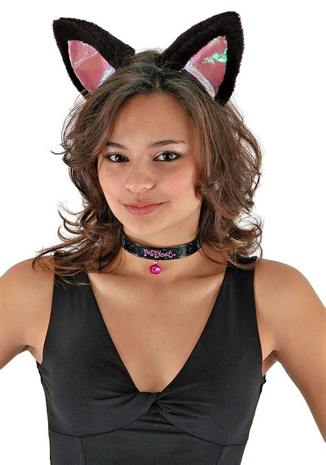 Black And Pink Cat Ears Headband Collar And Tail Kit
