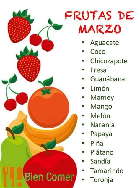 An Image Of Fruits And Vegetables With The Words Frutas De Marzo In Spanish