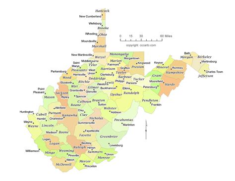 State Of West Virginia County Map With The County Seats Cccarto