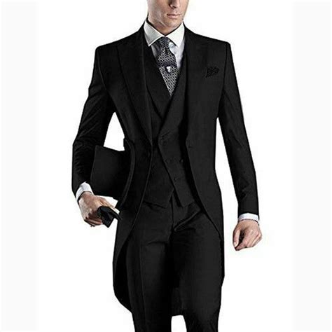 Black Long Jacket Evening Party Tailcoat Men Suits For Wedding Groom Tuxedo Double Breasted Vest