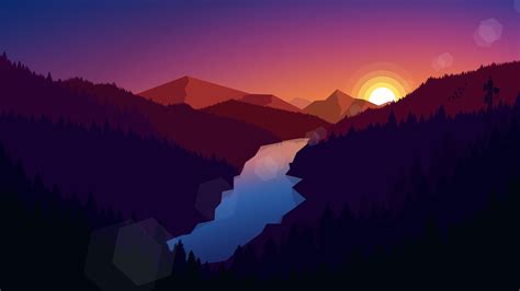 Illustration Landscape Mountains Nature Sunset River Digital Art