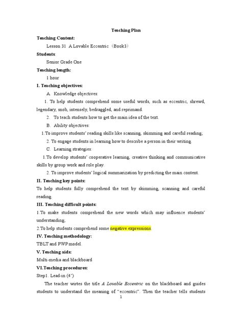 Teaching Plan Pdf Reading Process Sentence Linguistics