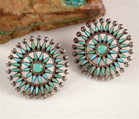 Vintage Zuni Sterling Silver Needlepoint Earrings With Beautiful