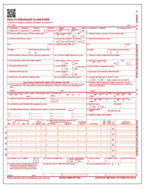 Imprinted Cms 1500 Form Health Insurance Claim Form Hcfa 1500