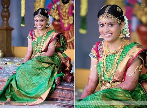 Traditional Southern Indian Bride Wearing Bridal Silk Saree Jewellery And Hairstyle