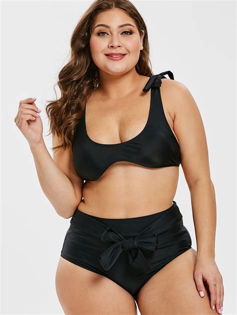 plus size knotted solid elastic wire free high waisted swimsuit swimwear tie women 2019 bikinis