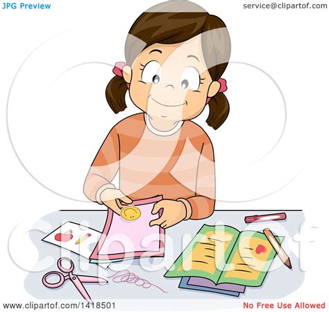Clipart Of A Brunette Caucasian Girl Making Cards Royalty Free Vector