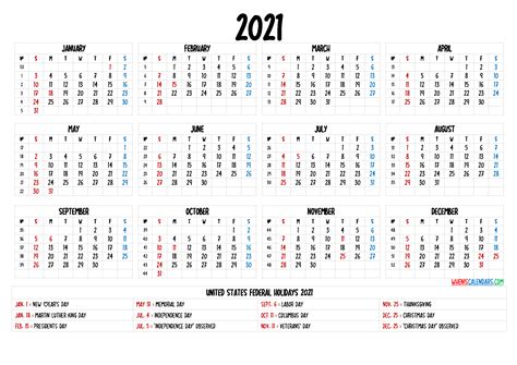 Free Printable 2021 Yearly Calendar With Holidays