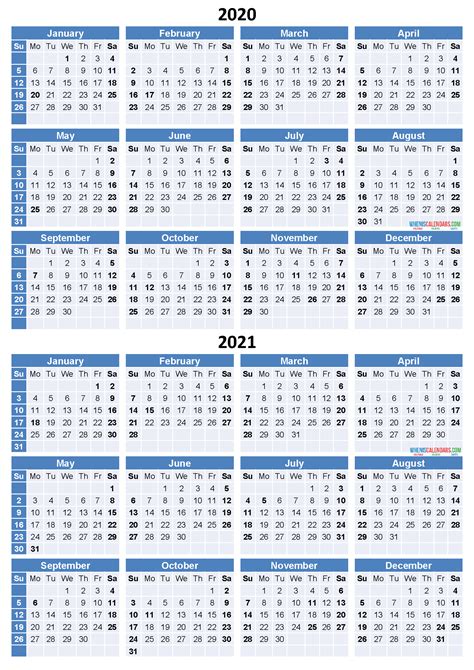 Ideal for use as a work calendar, church calendar, planner, scheduling reference, etc. 2020 and 2021 Calendar Printable Free Download Word, PDF ...