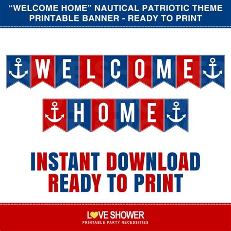 Welcome Home Printable Banner Red Blue Nautical Patriotic