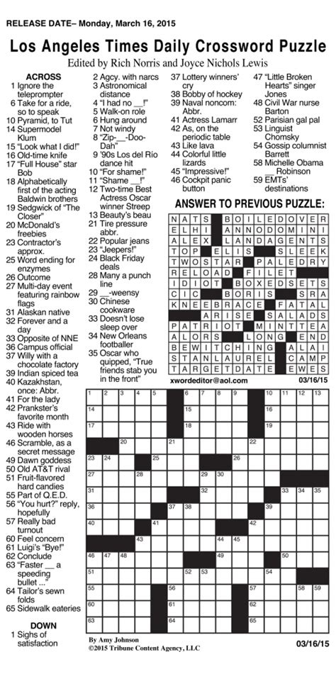 These are our 7 printable crossword puzzles for today. Sample Of Los Angeles Times Sunday Crossword Puzzle ...