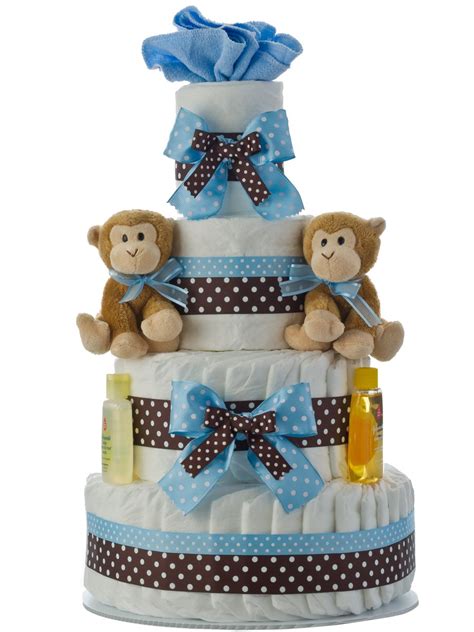 You may alternate between baby products such as lotions, diaper rash creams, powders, etc. Twins Boys 4 Tier Diaper Cake | Baby Shower Diaper Cakes ...