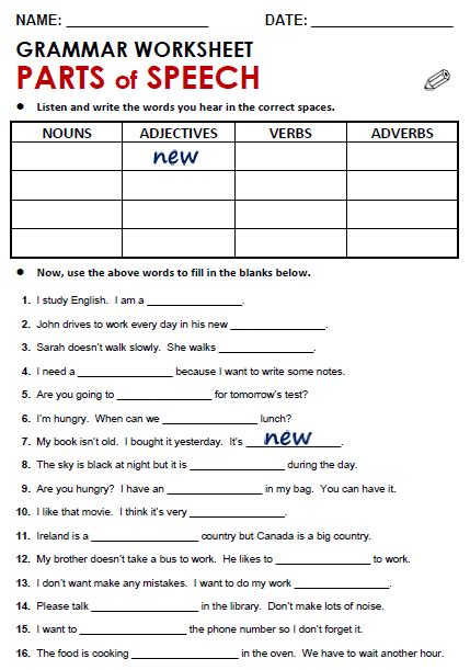 Parts Of Speech Middle School Worksheets