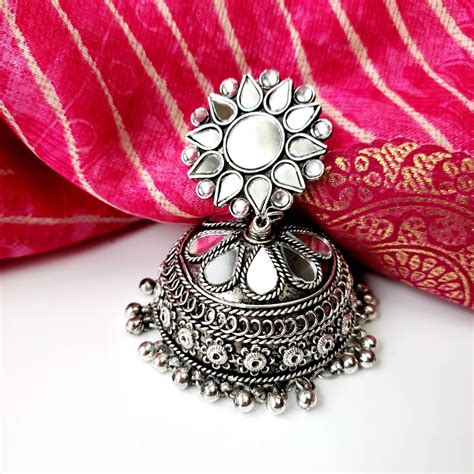 Large Oxidized Silver Indian Jhumka Large Indian Earrings Indian