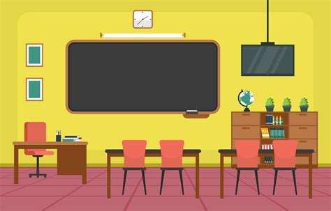 Elementary School Classroom With Desks And Chalkboard Illustration