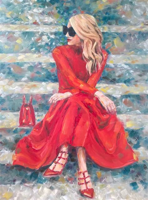 Lady In Red Oil Painting Elegant Woman In Red Dress Blonde Hair Girl In