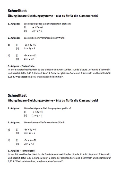 Lösung klassenarbeit zu linearen gleichungssystemen. lineare Gleichungssysteme Aufgaben PDF: Aufgabenblatt