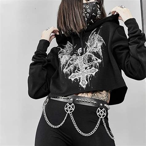 Black Goth Hoodie Harajuku Demon Print Gothic Hoodies Women Pullovers