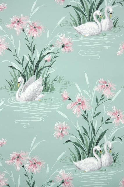 Vintage Bathroom Wallpaper With Swans And Pink Flowers Vintage