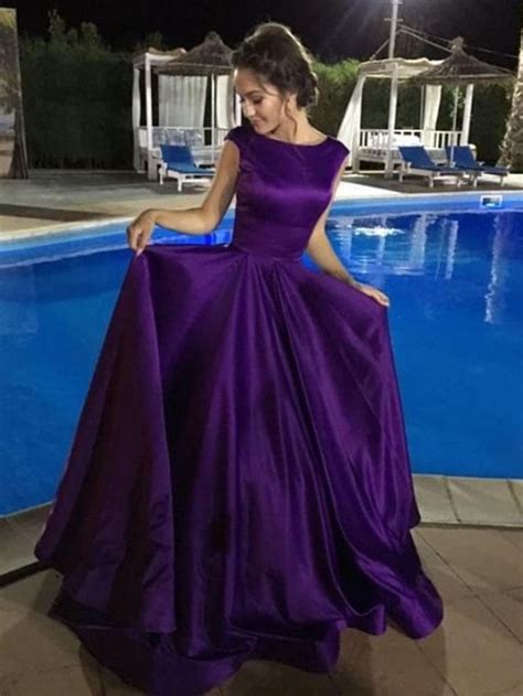 Chic A Line Satin Long Prom Dress Backless Purple Evening Dresshs139