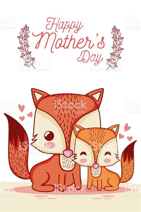 Happy Mothers Day Card With Cute Foxes Cartoons Vector Illustration