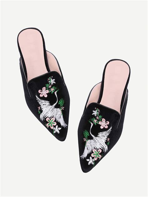 Cranes And Flower Embroidery Flat Mules Sheinsheinside