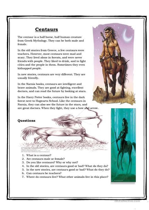 centaur reading worksheet  esl printable worksheets