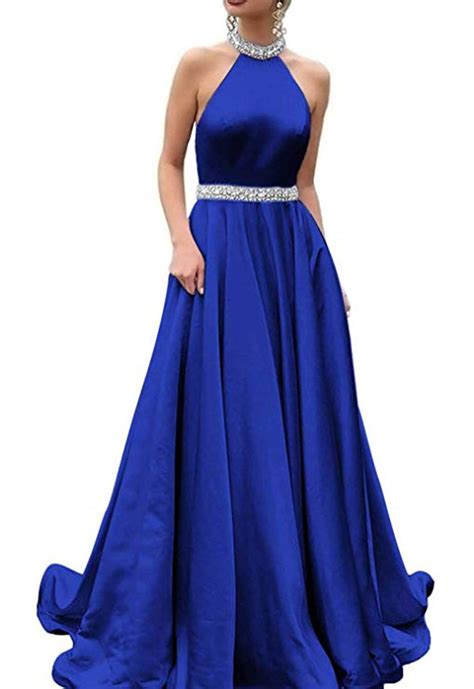 Uryouthstyle Strapless Halter Satin Prom Dress Long Beaded Party