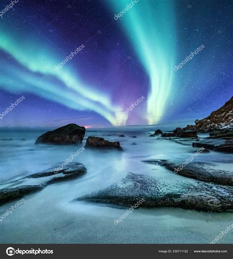 Aurora Borealis Lofoten Islands Norway Green Northern Lights Ocean