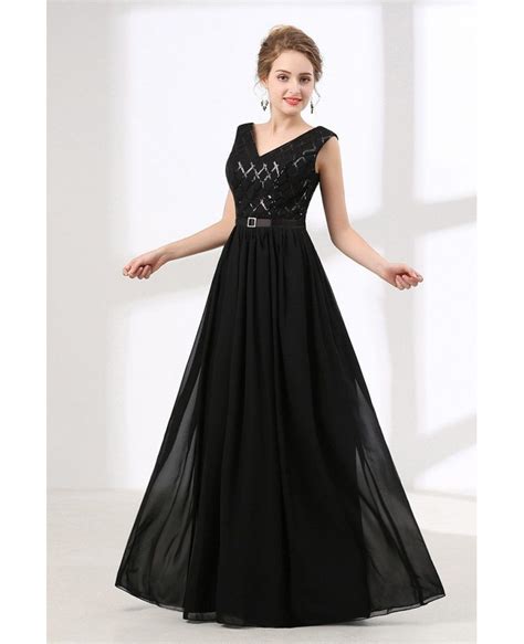 Inexpensive Sequined Black Prom Dress Long V Neck 2018 Ch6615