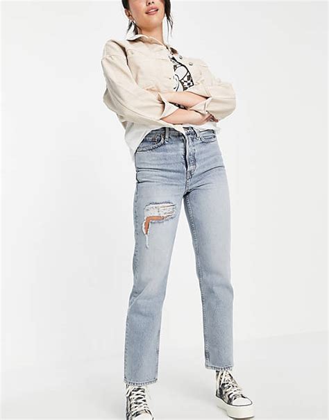 Topshop Dad Jeans With Open Thigh Rip In Bleach Asos