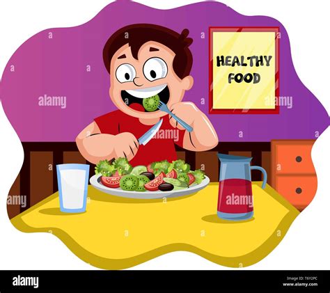 Happy Boy Eating Healthy Food Illustration Vector On White Background