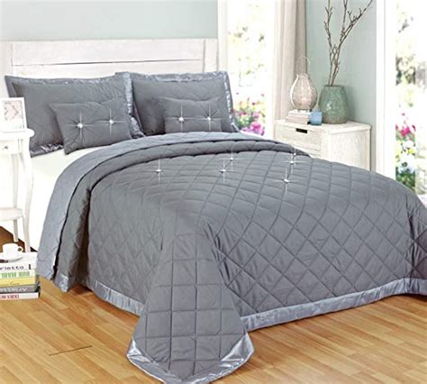 Diamond Grey Bedspread 5 Pieces Comforter Bed Throw Reversible Sizes