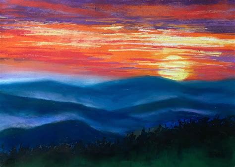 Cades Cove Smokey Mountains Sunset Original Pastel Painting By