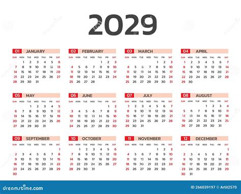 Calendar 2029 Year Vector Illustration Set Of 12 Calendar Week Starts