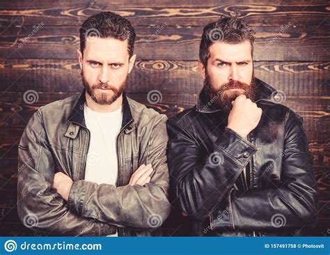 Men Brutal Bearded Hipster Posing In Fashionable Black Leather Jackets Leather Fashion Menswear
