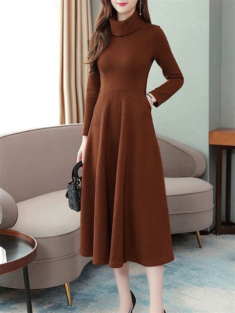 Womens Aline Dress Turtleneck Solid Color Slim Long Sleeve Dress In