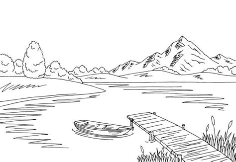 Mountain Lake Graphic Art Black White Landscape