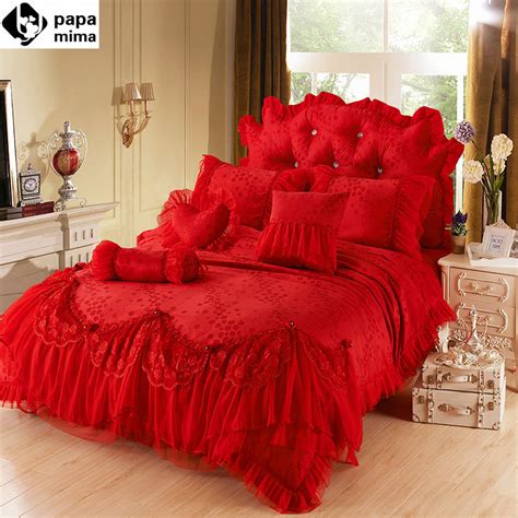 Red Luxury Jacquard Silk Princess Bedding Set 4pcs Silk Lace Ruffles Duvet Cover Bedspread Bed